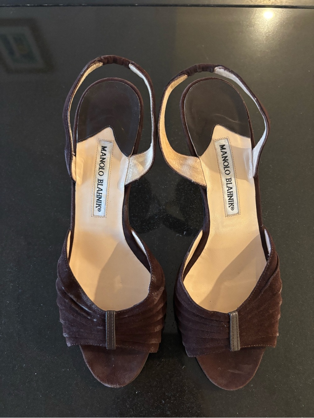 Manolo Blahnik Brown Suede Open-Toe Slingback Heels